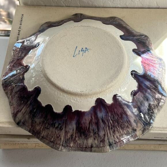 Art Studio Pottery Signed Trinket Dish Bowl Purple Blue Glazed Ruffled Edge - Picture 3 of 12